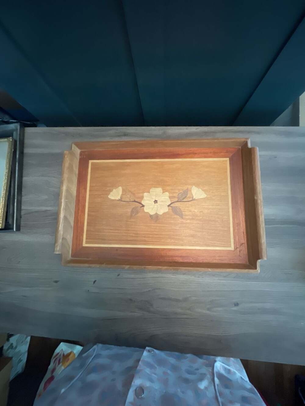 Vintage Handcrafted Marquetry Wood Serving Tray with Floral Inlay Design, Made i